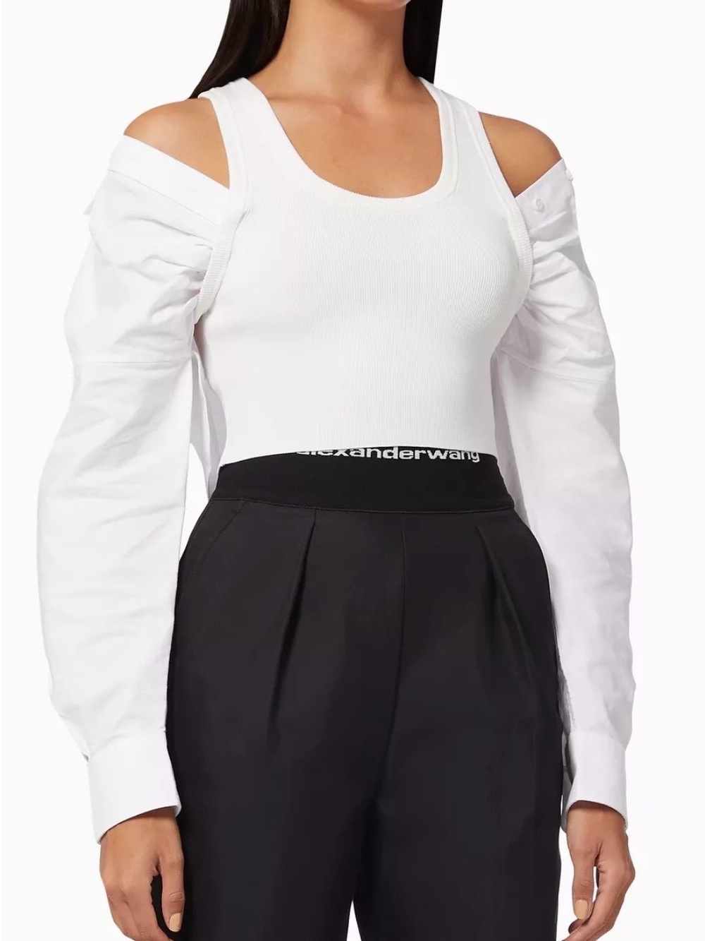 Alexander Wang bi layered White Cold-Shoulder Ribbed Tank with Detachable Sleeve